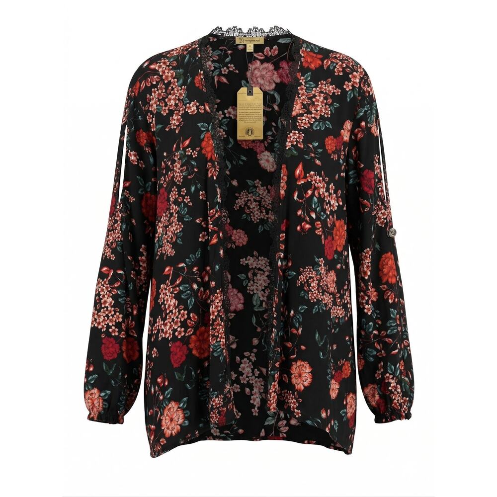 NWT Democracy Womens L Open‎ Front Split Sleeve Lace Trim Boho Romantic Kimono